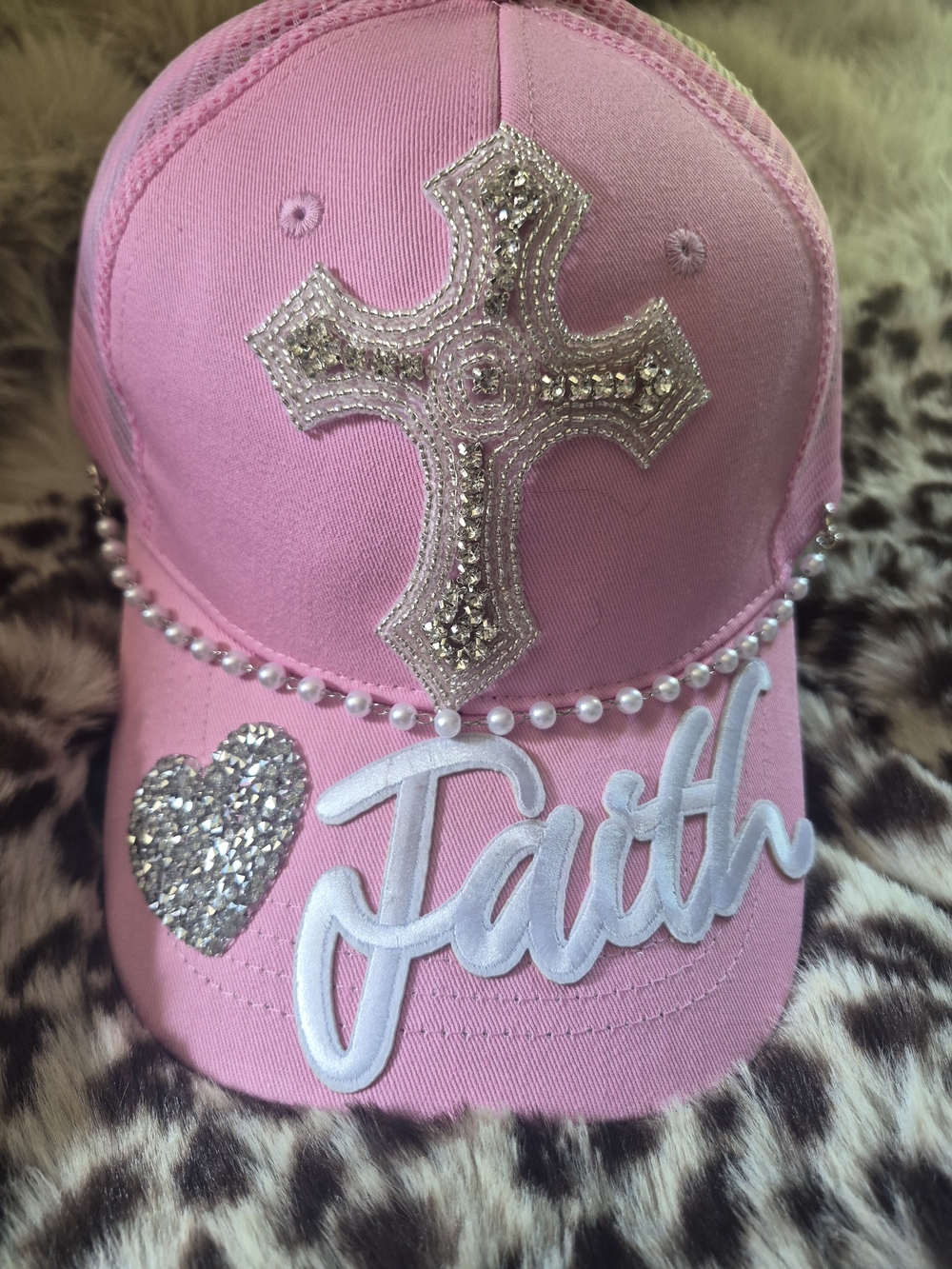 Pink Faith Trucker Cap with Rhinestone Cross & Heart
